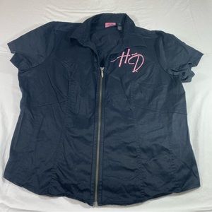 Harley Davidson Zip Up Top Black Motorcycle Biker Blouse Short sleeve monogram L
